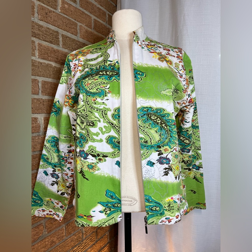 Great Cavalier Paisley Jacket Green Zip Front Lightweight Blazer Small
